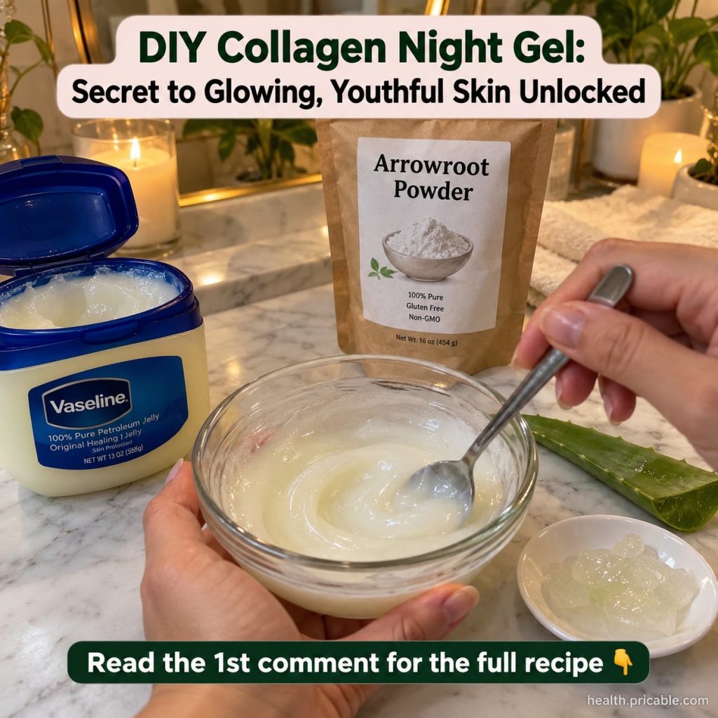 A jar of homemade DIY collagen night gel smooth and creamy with a fresh aloe vera leaf and a small bottle of baby oil in