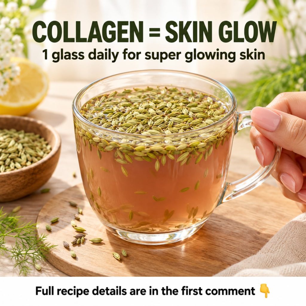 A clear glass of light yellow fennel seed drink garnished with a few fresh fennel seeds on a light surface with natural