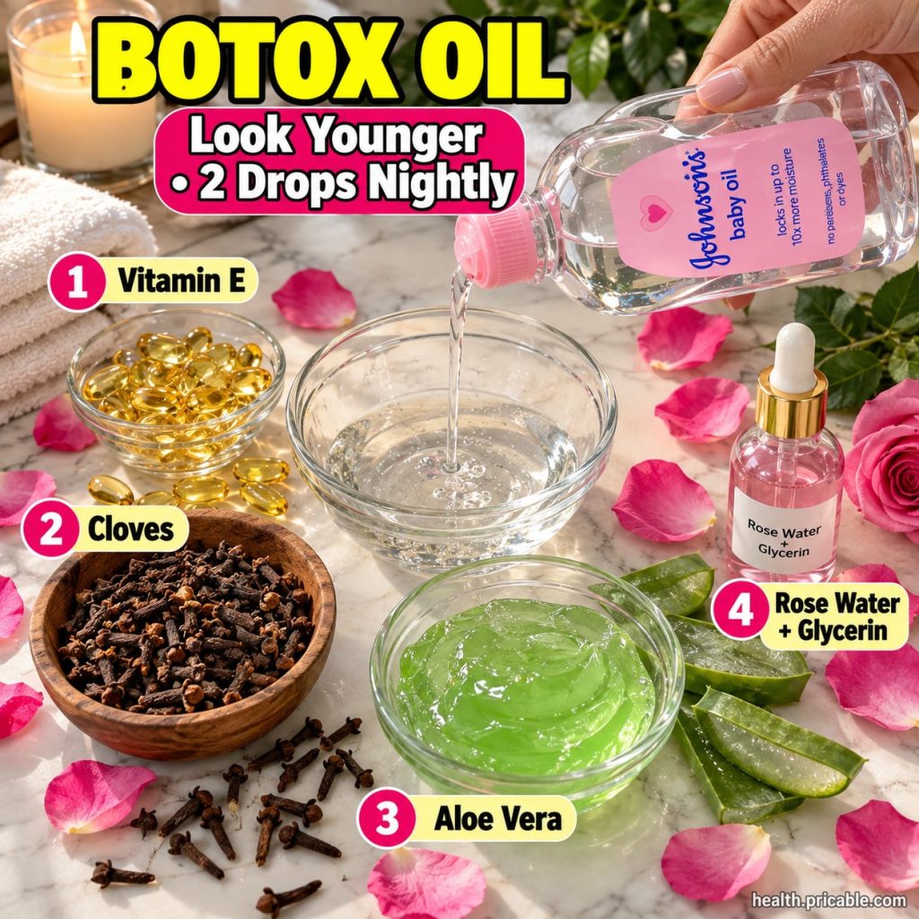 A small amber glass dropper bottle labeled Botox Oil with a radiant glow effect surrounded by various natural ingredient