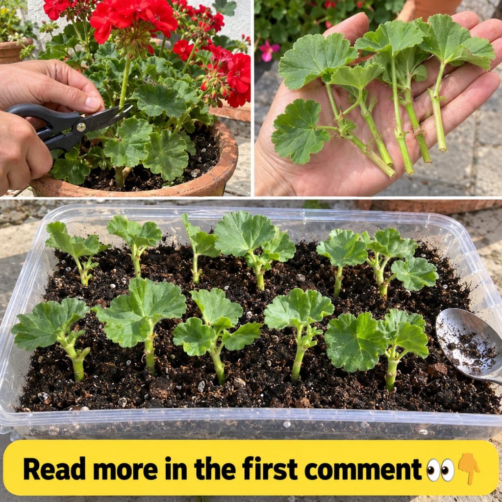 Vibrant red geranium flowers in full bloom showcasing healthy green leaves in a garden setting suggesting vitality and s