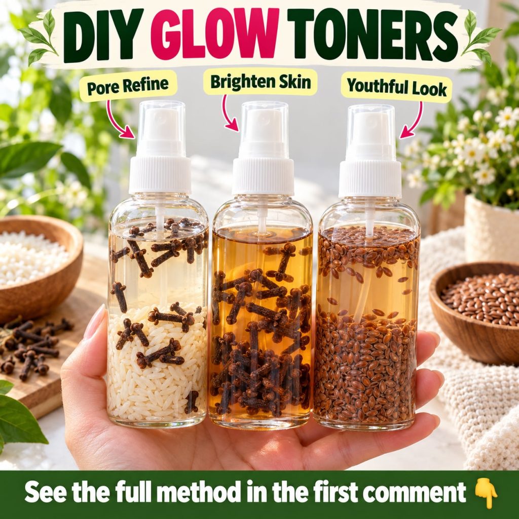 A woman gently applying toner to her face with a cotton pad in a well-lit bathroom with small glass bottles of homemade 