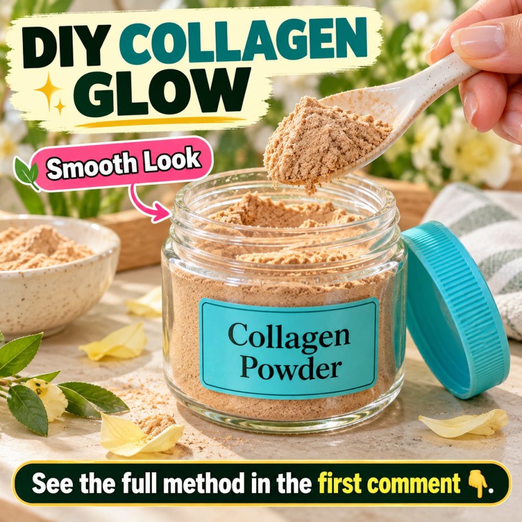 A close-up of a white collagen powder being poured from a small spoon into a glass with a blurred background