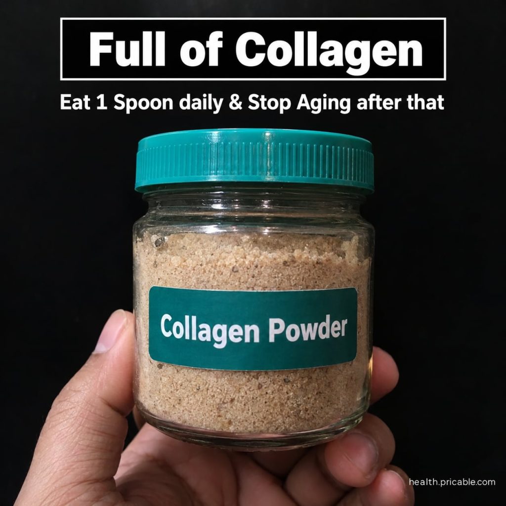 A close-up of a glass jar filled with a vibrant purple-pink DIY collagen powder with a wooden spoon resting beside it in