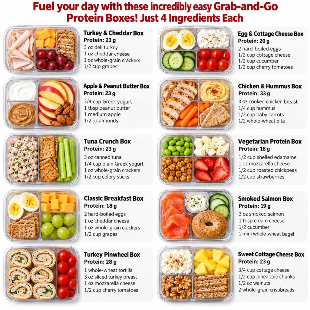 A variety of colorful grab-and-go protein boxes each with different healthy ingredients like turkey cheese eggs cottage 