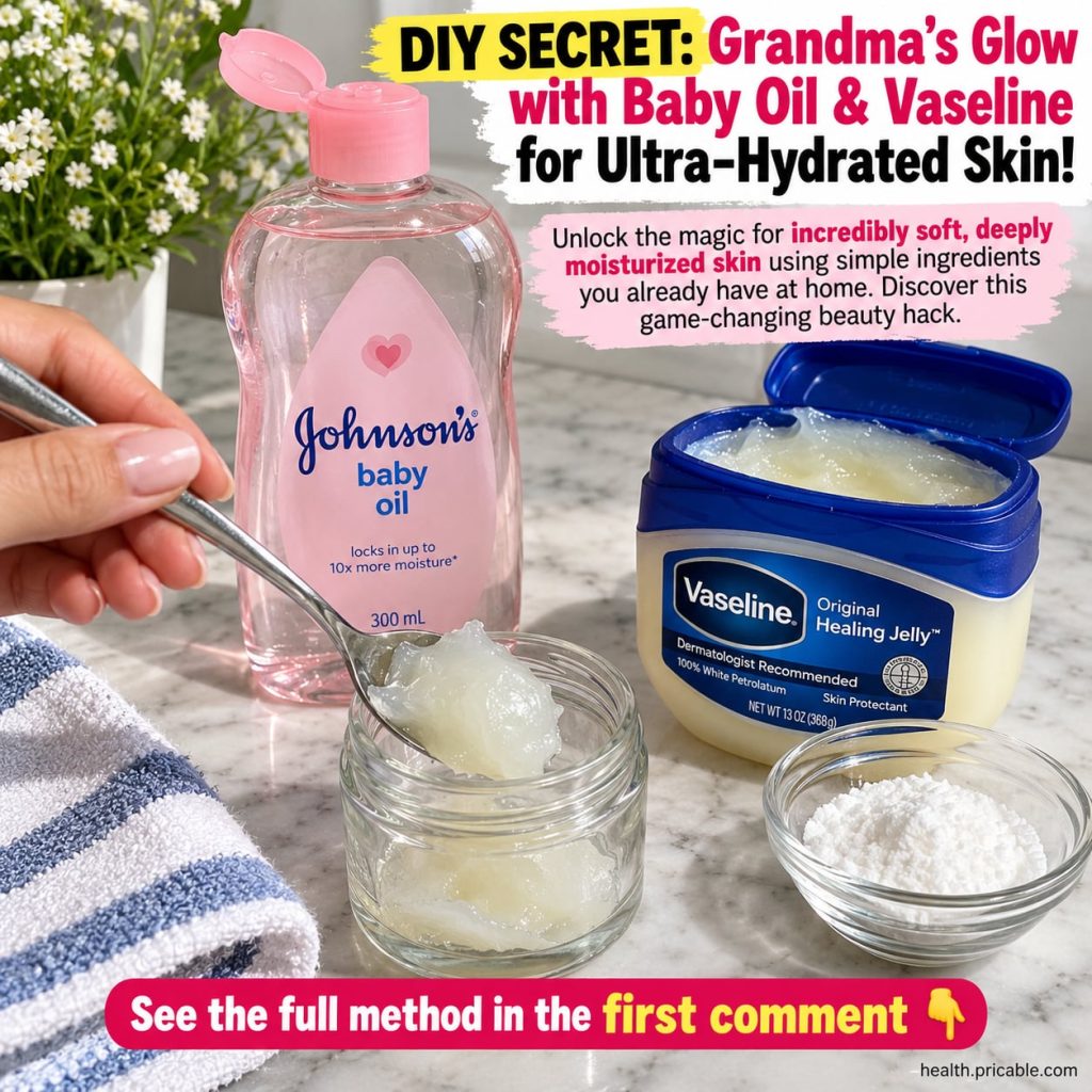 A small jar of Vaseline and a bottle of baby oil arranged neatly on a clean bathroom counter with a soft glow in the bac