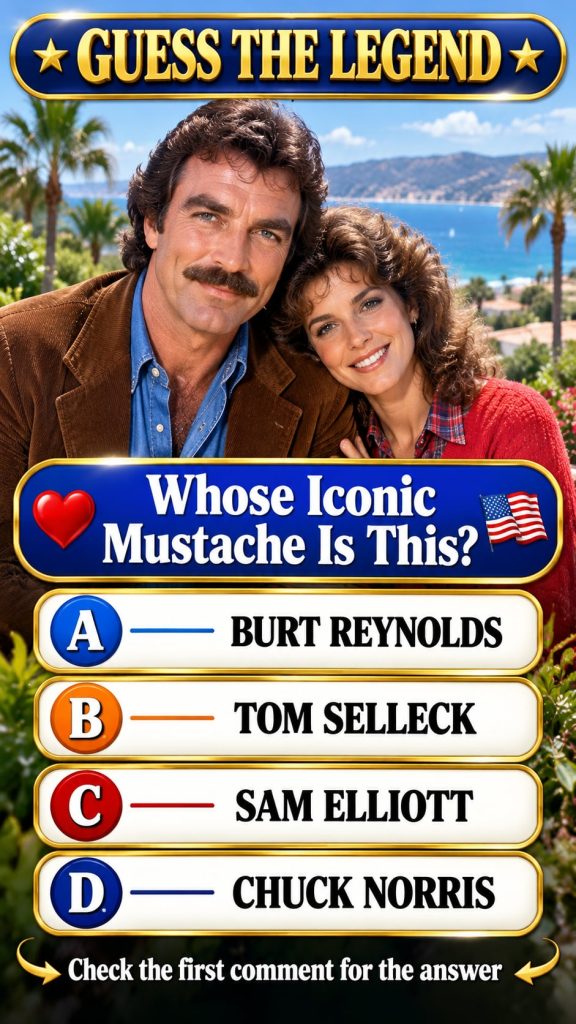 A sophisticated quiz card asking to identify an iconic Hollywood star by their mustache set against a dark navy cinemati