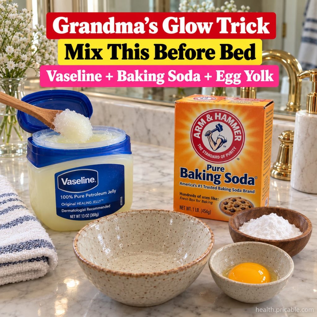 Ingredients for a face mask a jar of Vaseline a small bowl of baking soda and a single egg yolk in a separate bowl arran