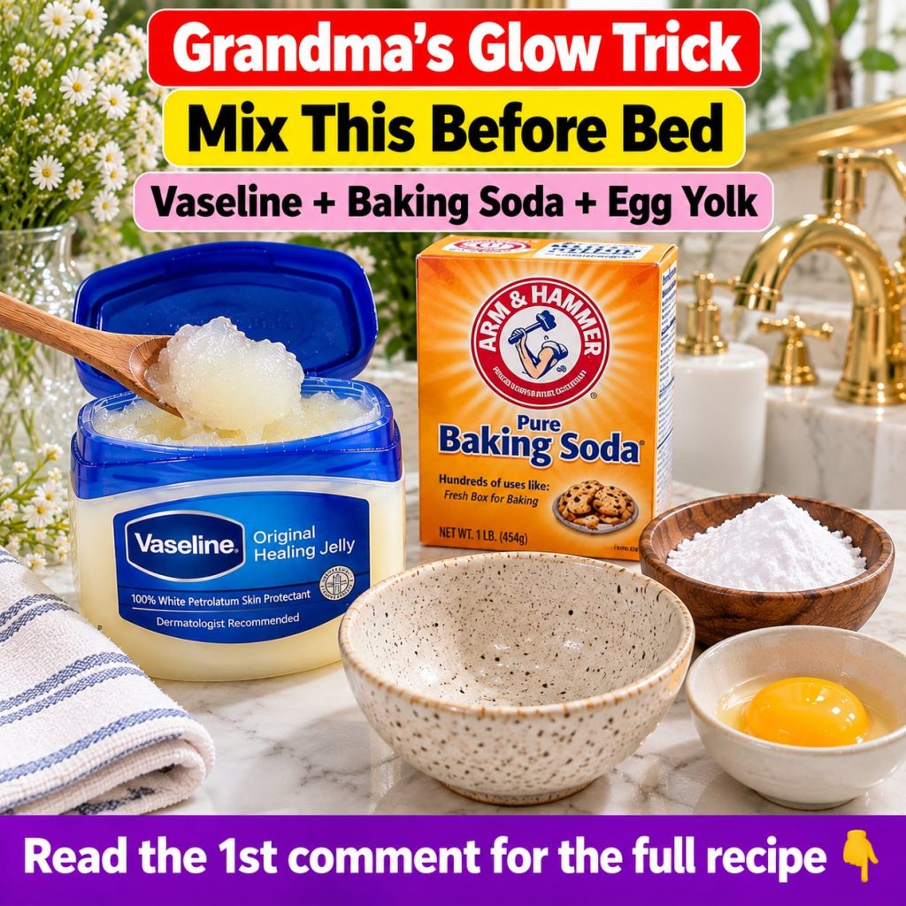 A small bowl containing a creamy yellow mixture with a jar of Vaseline a box of baking soda and an egg yolk nearby on a 