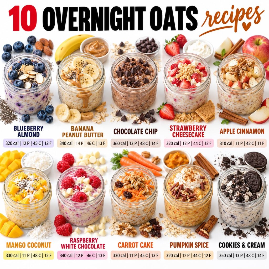 Several glass jars of delicious and nutritious overnight oats showcasing different flavors and toppings ready to eat