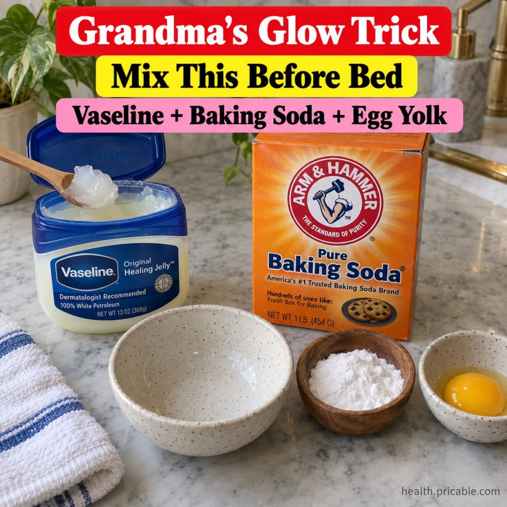 Ingredients for an overnight face mask a small jar of Vaseline a box of baking soda and a single egg yolk in a small bow