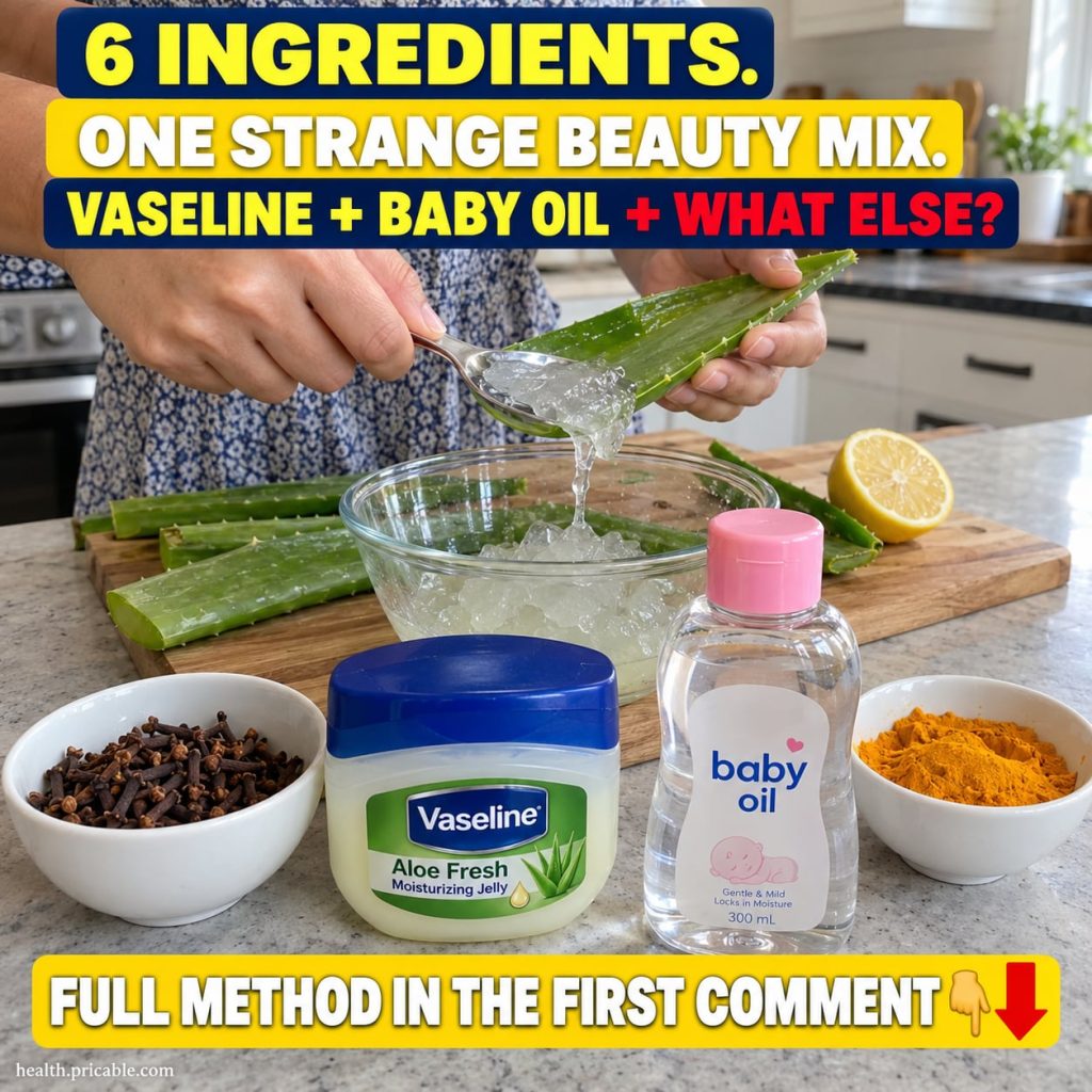 A small glass jar filled with a thick glossy DIY beauty mix of Vaseline baby oil and aloe vera surrounded by the individ