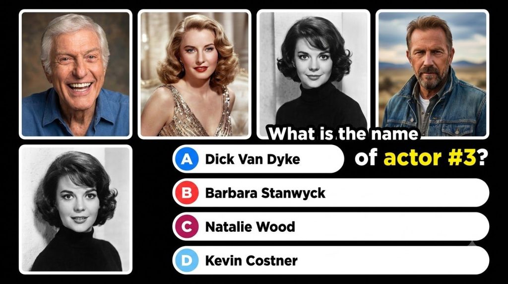 A quiz image featuring four black and white headshots of Golden Era Hollywood actors with actor 3 Montgomery Clift highl