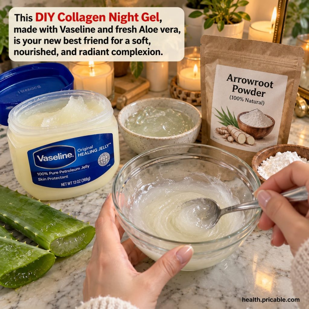 Ingredients for DIY collagen night gel a small jar of Vaseline a leaf of aloe vera and a clear container of aloe vera ge