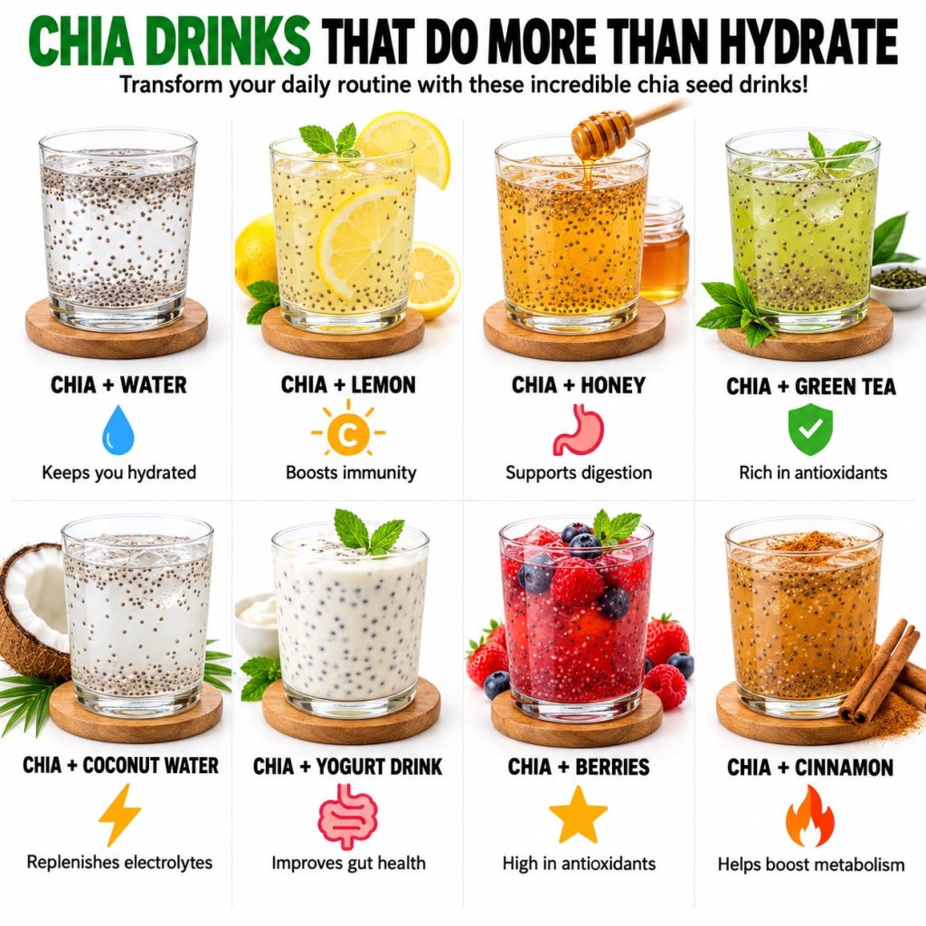 A vibrant assortment of healthy chia seed drinks such as a chia fresca a chia smoothie and chia lemonade displayed appea