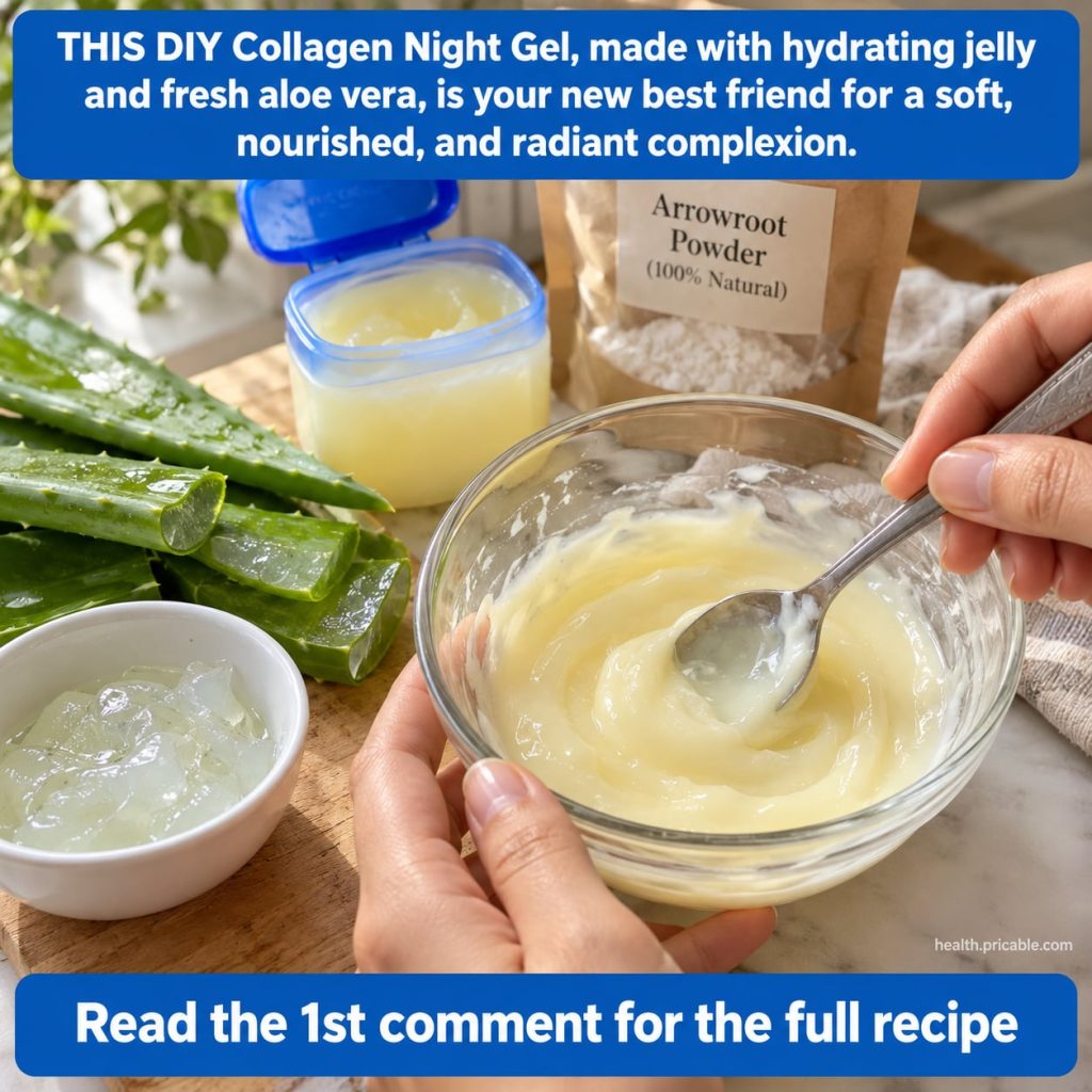 A small glass jar containing a freshly mixed white or translucent night gel with a jar of Vaseline and a fresh aloe vera