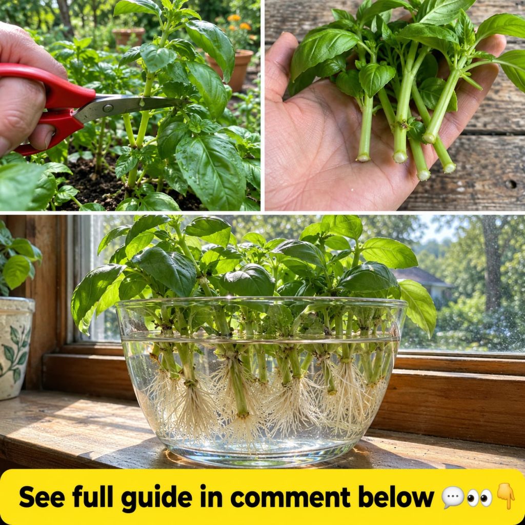A person s hands carefully pruning a vibrant basil plant with green leaves and light purple flowers in a terracotta pot