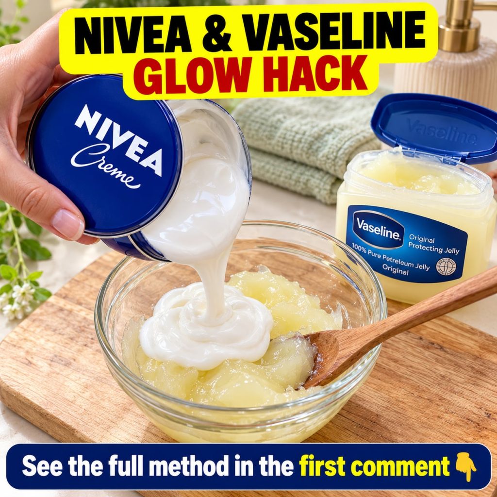 A small blue tin of Nivea cream next to a tube of Vaseline petroleum jelly on a simple clean background ready to be mixe