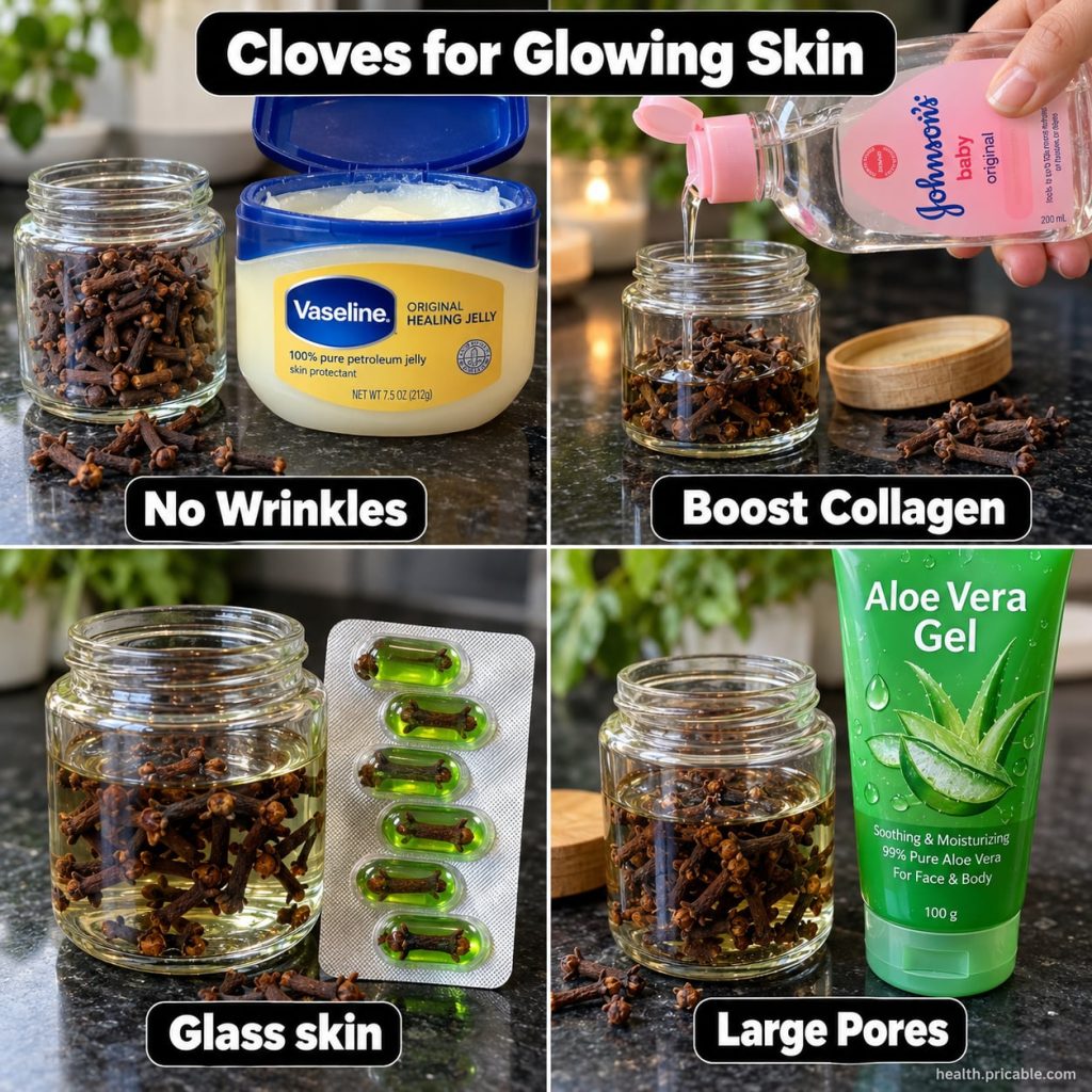 A close-up of whole cloves and a small bowl of ground clove powder with a jar of honey and a bottle of rose water in the