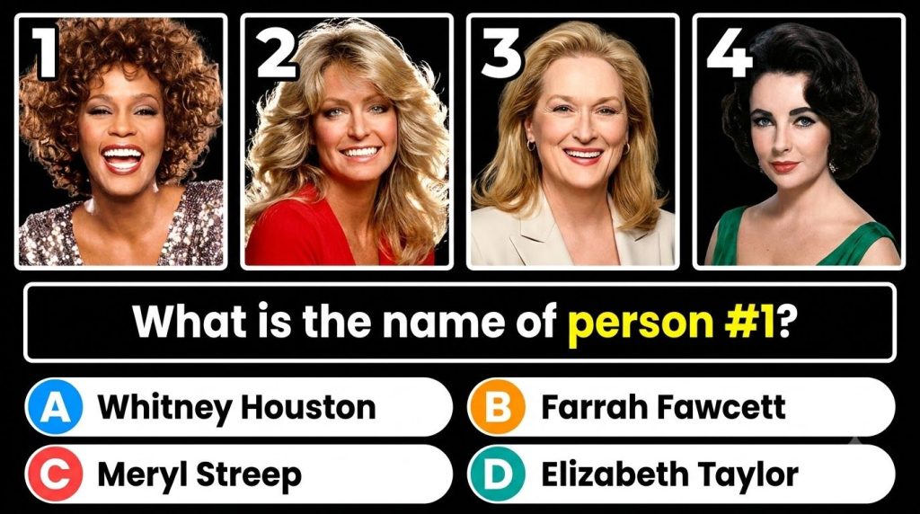 A quiz image featuring four legendary female pop icons with one Whitney Houston highlighted as Person 1 with text Who is