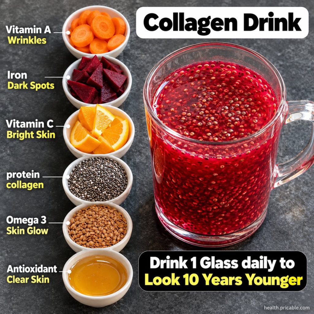 A refreshing glass of Collagen Glow Drink with natural ingredients like berries and citrus slices showcasing a bright he