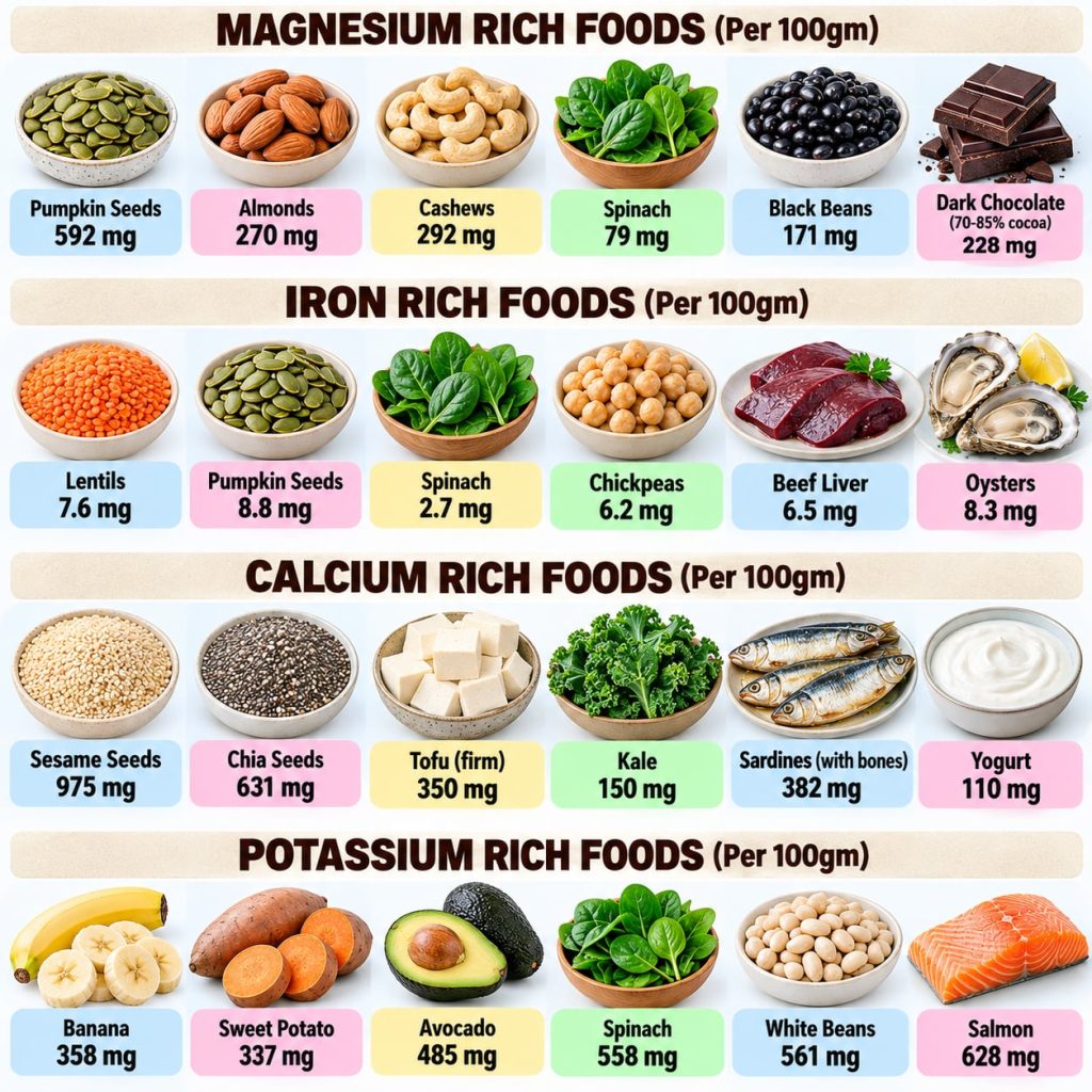 A vibrant and colorful array of healthy mineral-rich foods such as leafy greens nuts fruits and whole grains arranged ap