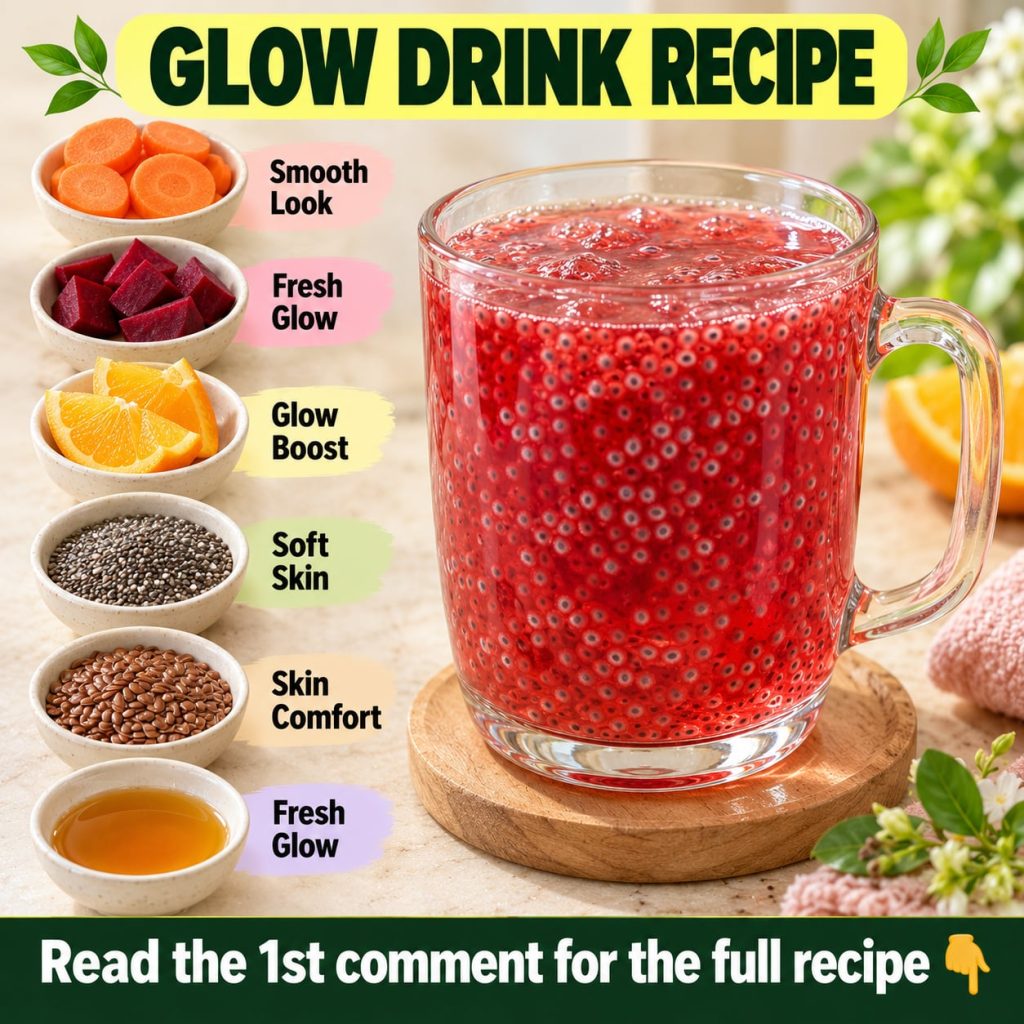 A vibrant refreshing collagen glow drink in a clear glass with fresh berries lemon slices and chia seeds visible alongsi