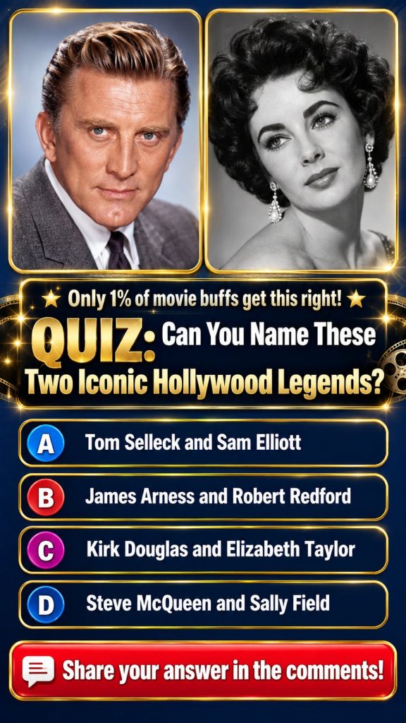 A quiz card featuring two iconic Hollywood legends possibly an iconic male and female duo in elegant classic film attire