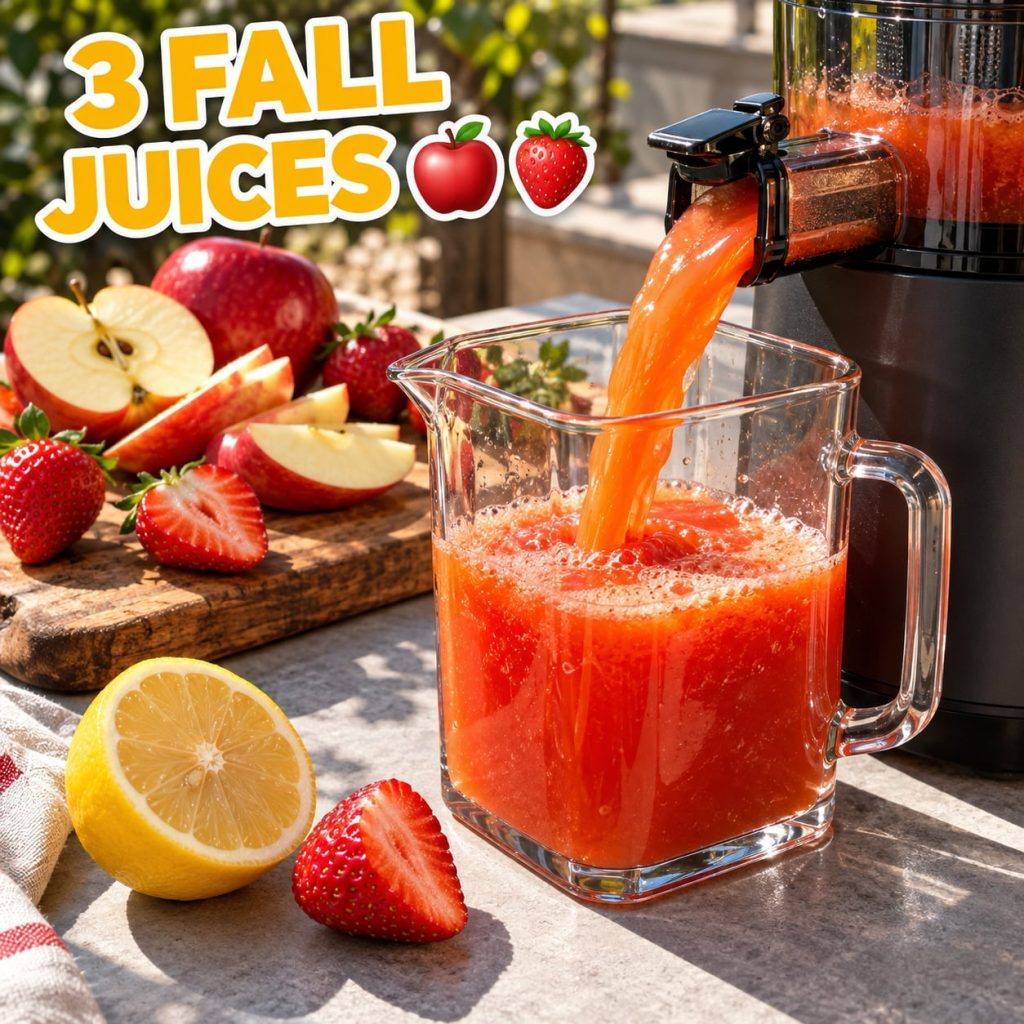 A vibrant array of fall-themed fruit and vegetable juices in clear glasses possibly with whole fruits like apples cranbe