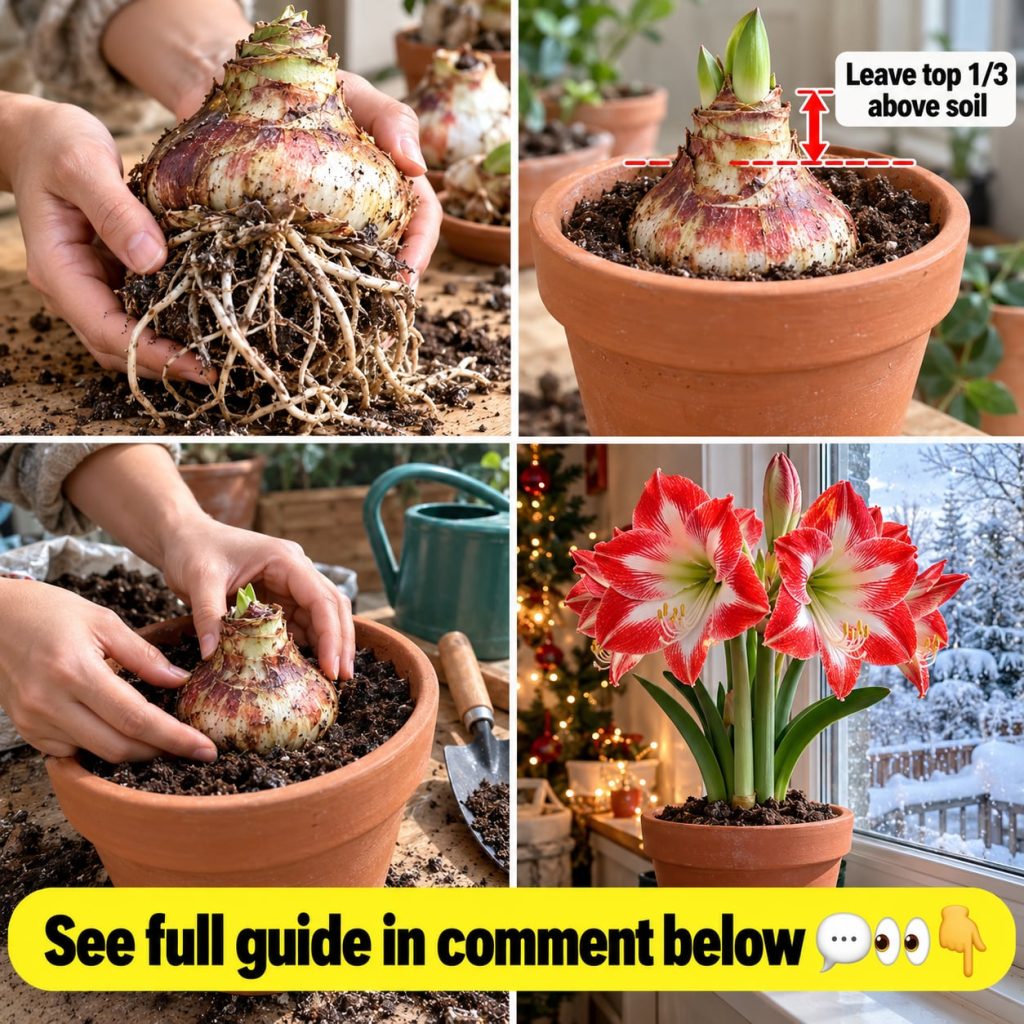 A vibrant red Amaryllis in full bloom beautifully presented in a festive pot surrounded by subtle Christmas decorations