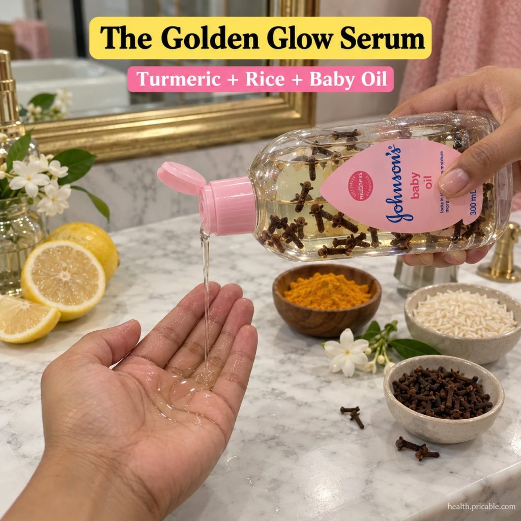 Ingredients for a golden glow serum a bottle of baby oil a small bowl of turmeric powder and a bowl of rice grains on a 