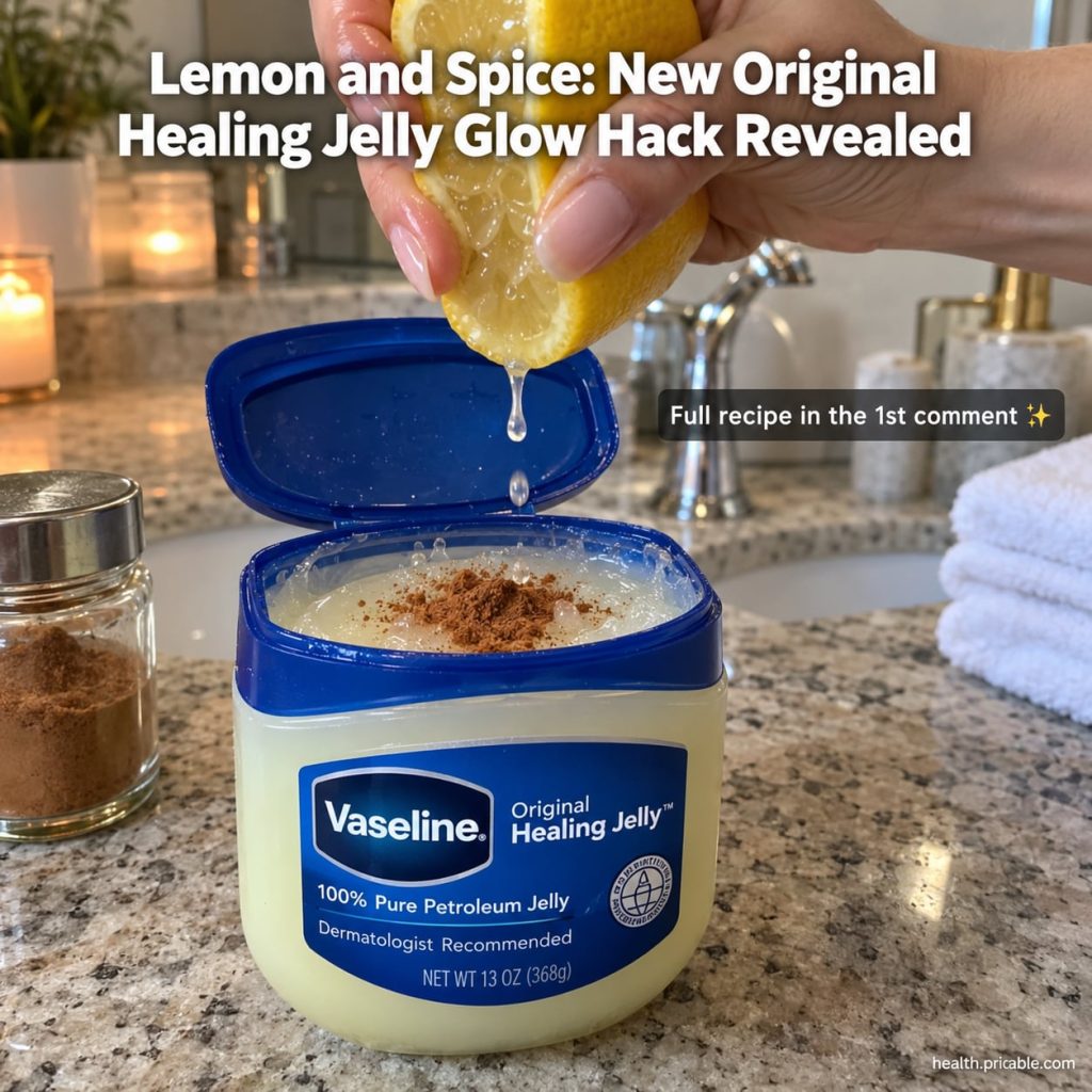 Ingredients for the Vaseline lemon and turmeric glow hack a jar of Vaseline a sliced lemon and a small bowl of turmeric 