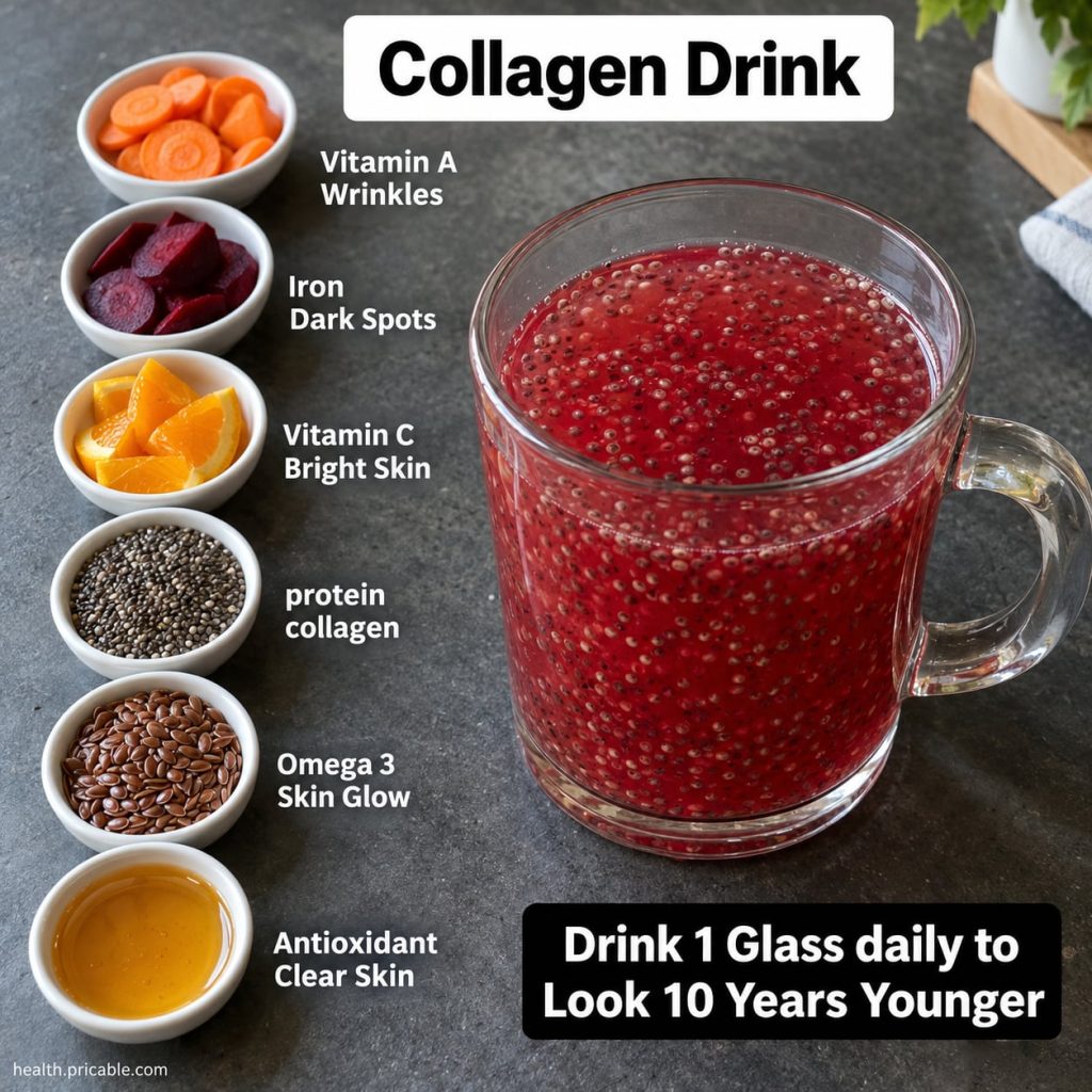 A vibrant colorful smoothie or juice in a glass suggesting a collagen glow drink for youthful skin with fresh fruit arou