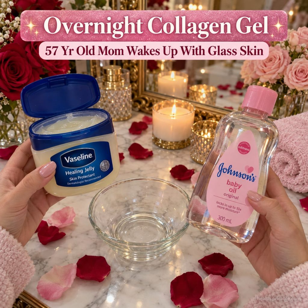 A woman gently applying a homemade gel to her face before bed with soft warm lighting in a bathroom setting