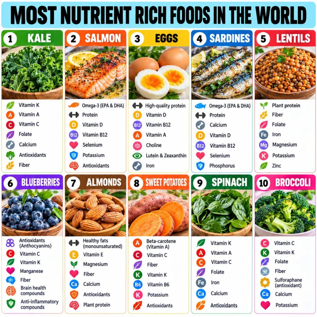 A vibrant and diverse spread of nutrient-rich foods including leafy greens like kale and spinach salmon fillets hard-boi