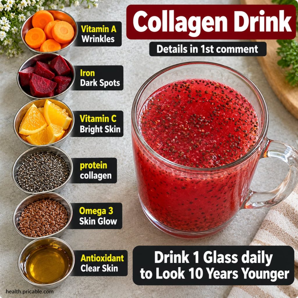 A glass of a light pink beauty drink with a spoon on the side surrounded by a few bowls of ingredients like collagen pow