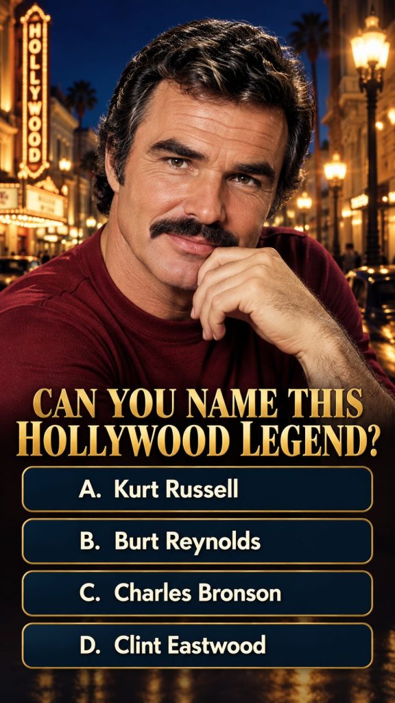 A vibrant classic publicity photo of a young Burt Reynolds with his signature smile and mustache perhaps from the 1970s