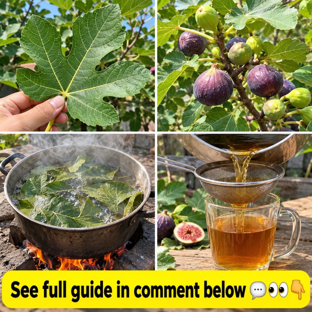 A close-up of vibrant green fig leaves on a branch possibly with small unripe figs in the background emphasizing their n