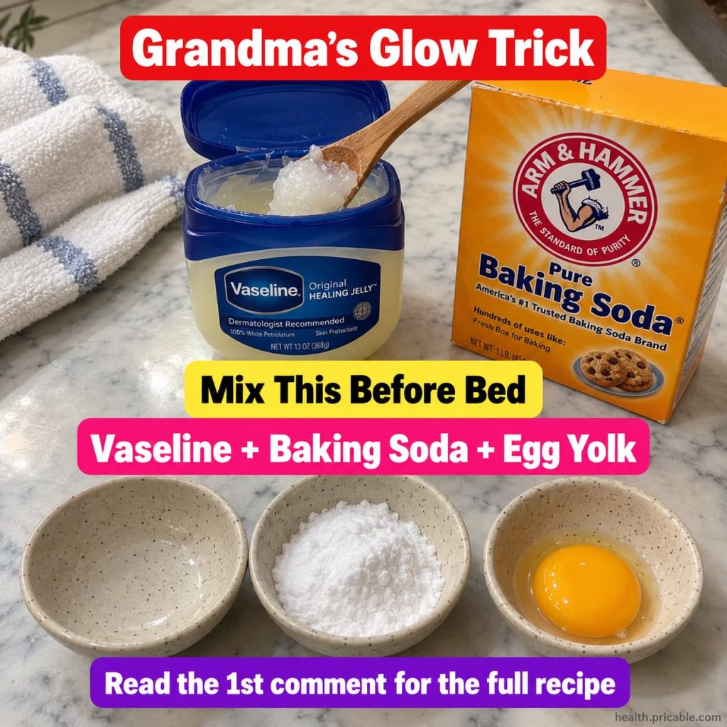 Ingredients for a homemade face mask a small jar of Vaseline a bowl of baking soda and a separated egg yolk all arranged