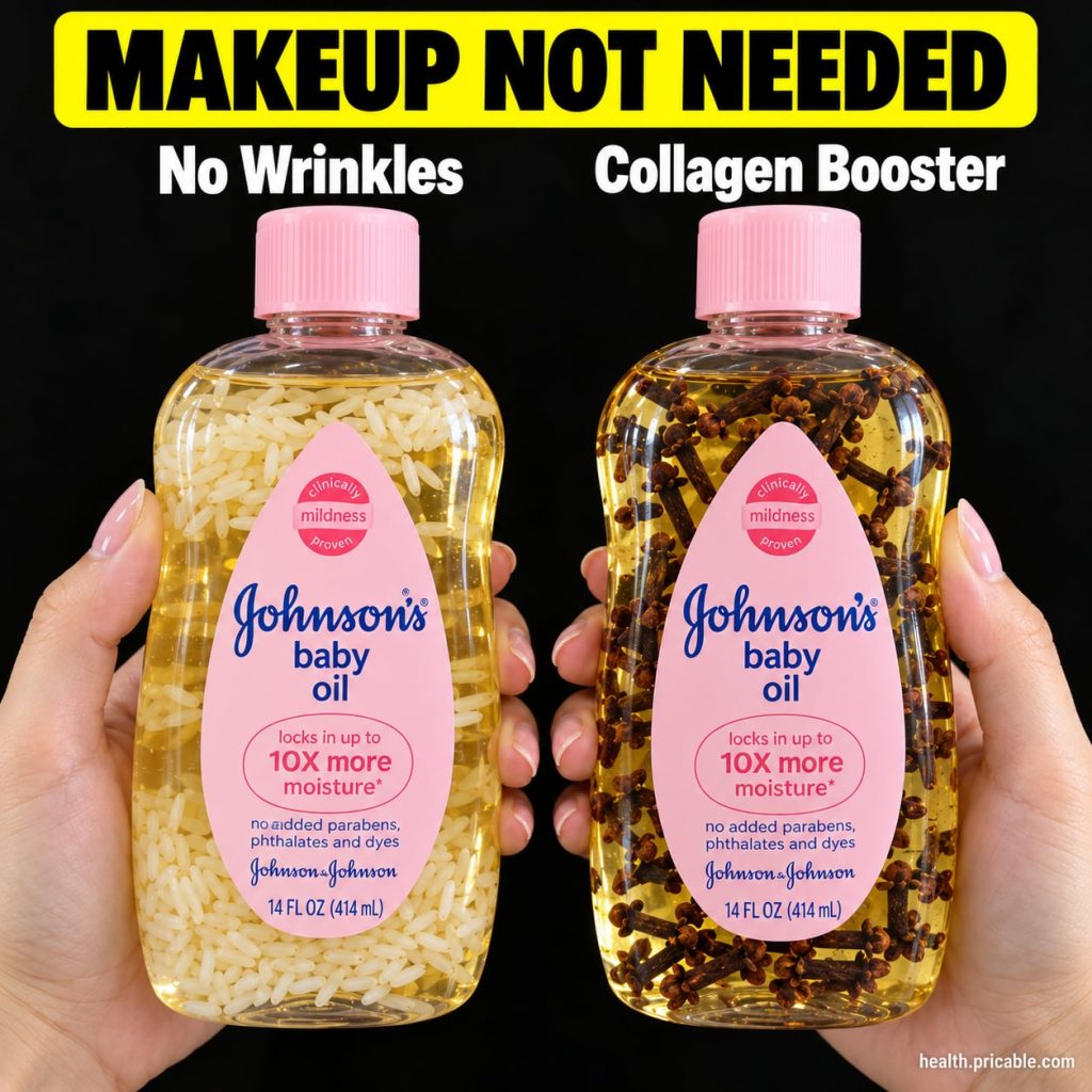 A close-up of a glass bottle of Johnson s Baby Oil next to a small bowl of dried rose petals and a dropper bottle of vit