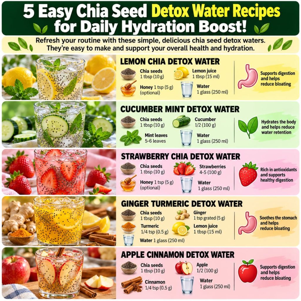 Three clear glass bottles of chia seed detox water each with different fruit infusions One has lemon slices another has 