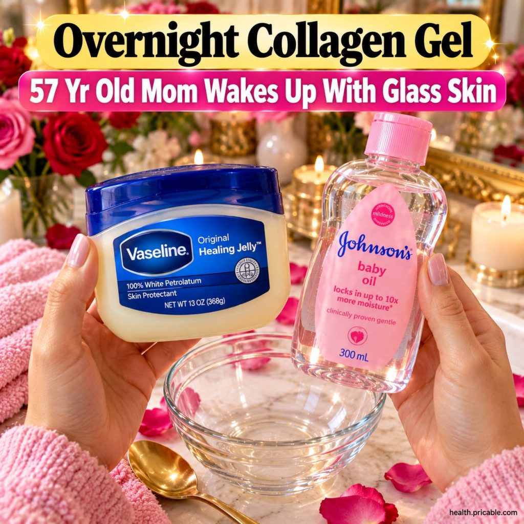 Ingredients for an overnight collagen gel including flaxseeds a bottle of aloe vera gel and a small bottle of vitamin E 