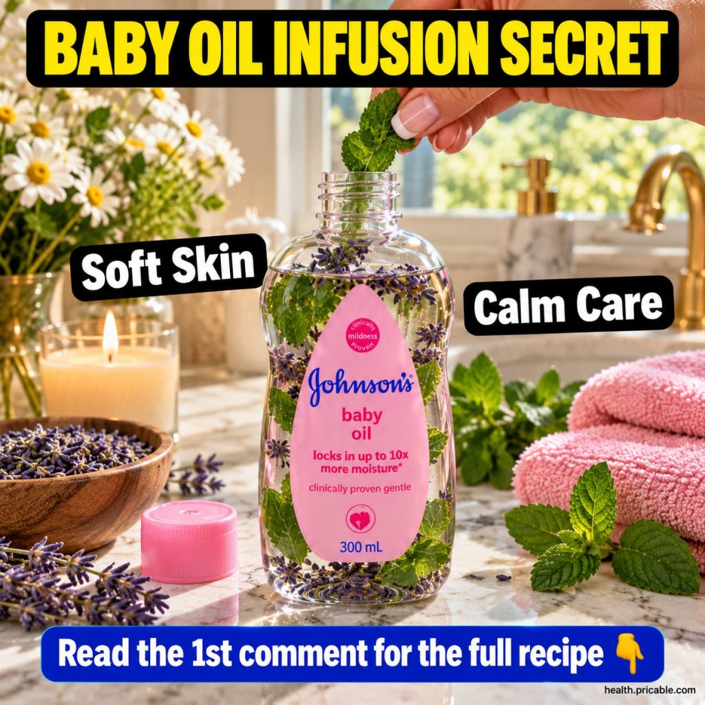 Ingredients for baby oil infusion including a bottle of baby oil and dried rose petals in a small bowl
