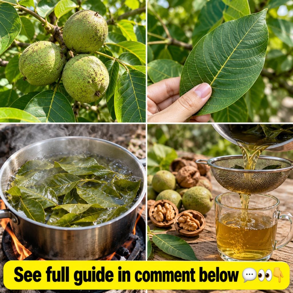 A close-up shot of fresh green walnut leaves on a branch with a few unripe walnuts visible in the background set against