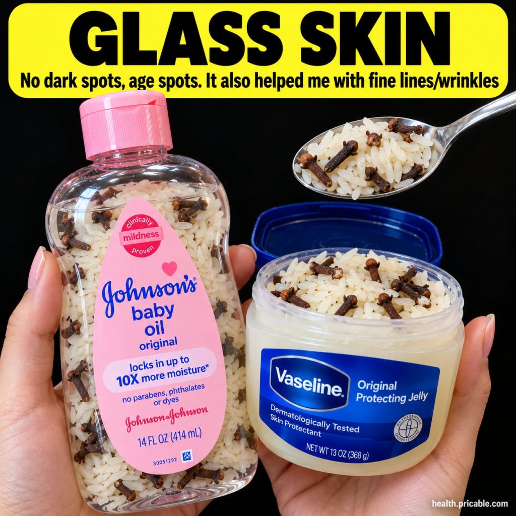 Ingredients for a DIY glass skin hack a small bowl of white rice a small pile of whole cloves a bottle of baby oil and a