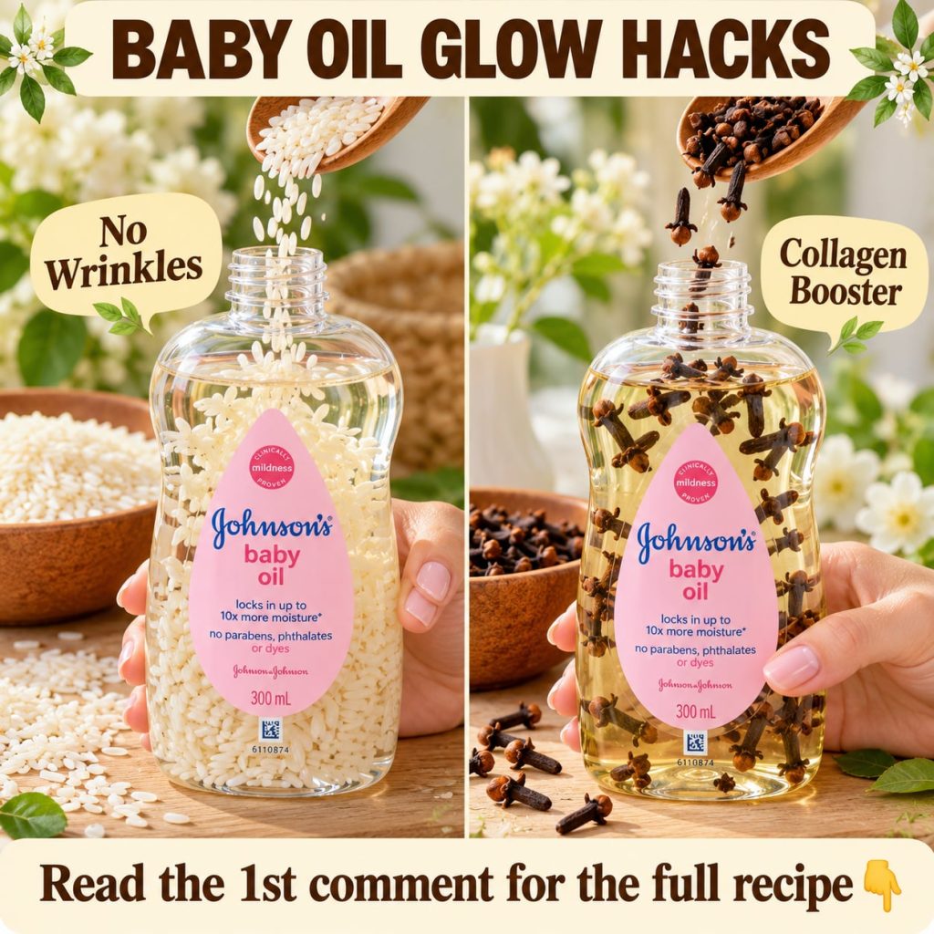 A bottle of baby oil next to a small bowl of white rice and a few whole cloves suggesting ingredients for a natural beau