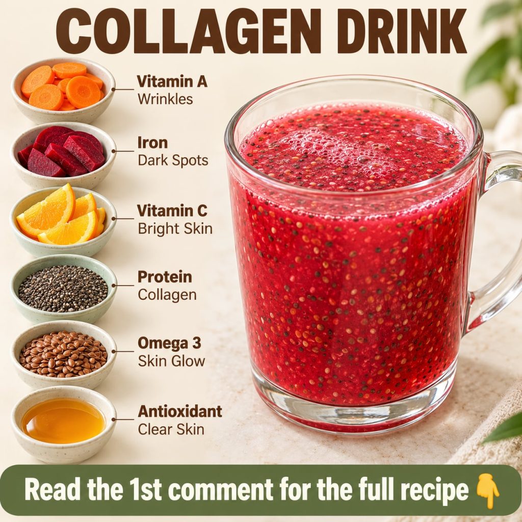 A vibrant red-orange smoothie in a glass with fresh carrots beetroots and chia seeds arranged around it on a wooden surf