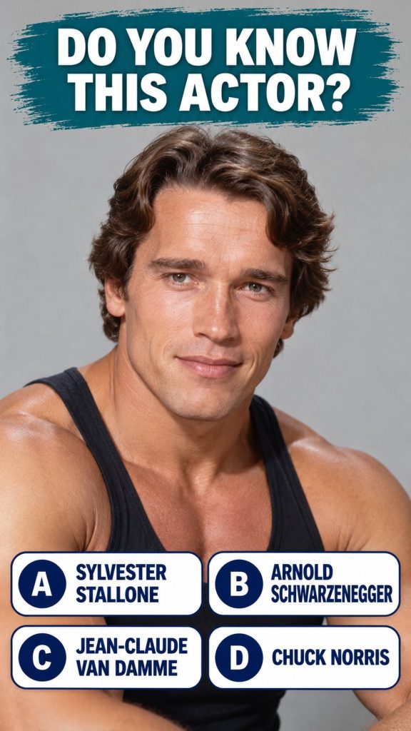 A dramatic close-up portrait of an iconic 80s 90s action movie star with a serious expression against a deep navy cinema
