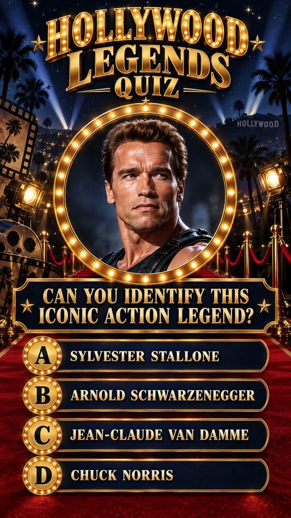 A close-up of a famous 80s 90s action movie star challenging viewers to identify them