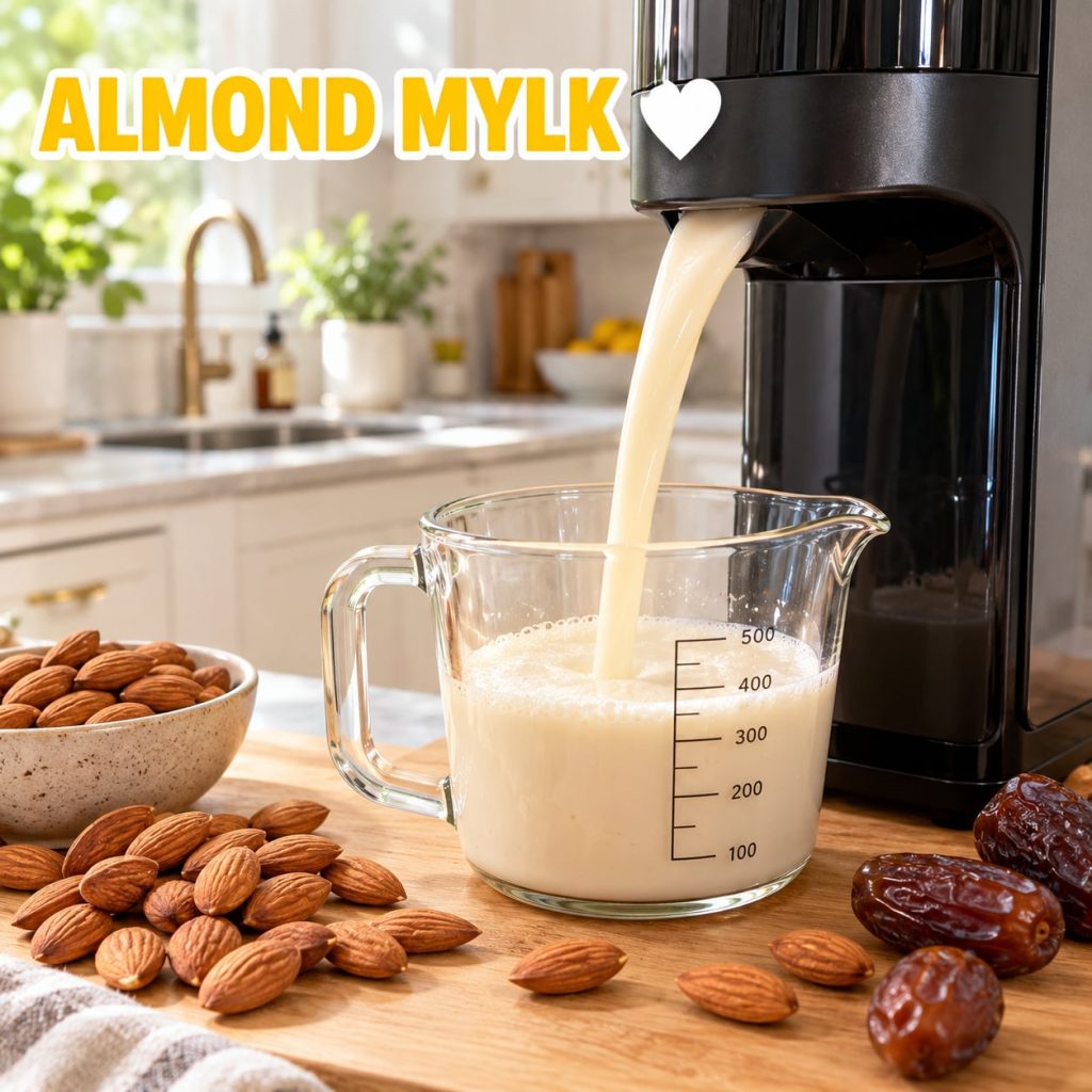 A glass of freshly made almond milk next to a bowl of soaked almonds and a cheesecloth for straining