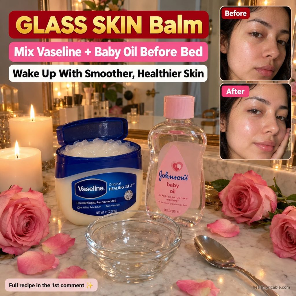 A woman gently applying a mixture of Vaseline and baby oil to her clean face as part of her evening skincare routine aim